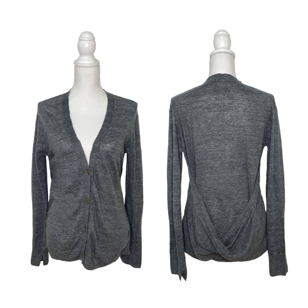 BROCHU WALKER Size M Dark Gray 100% Linen Twist Detail V-Neck Cardigan Sweater